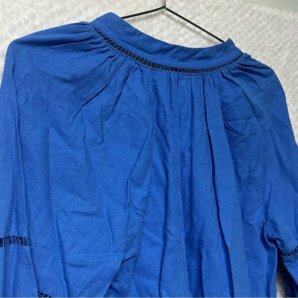 LOFT Womens Top Royal Blue Blouse with Sleeve Accents V Neck Linen Blend Small - Picture 9 of 10